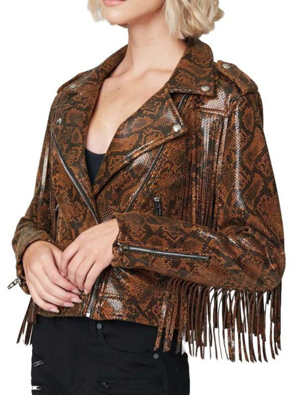 BLANKNYC Snakeskin Print Fringe Moto Jacket SIZE L